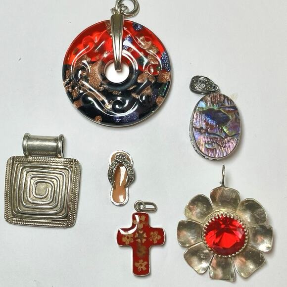 Vtg 925 Sterling Silver Pendant Lot Large Glass Resin Shell Cross Greek Mexico - Picture 1 of 8